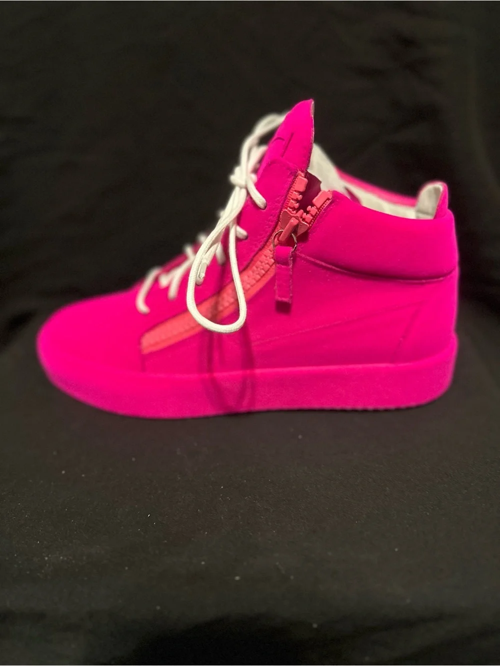 Giuseppe Zanotti Flocked Hot Pink High-Top Sneaker with White Laces